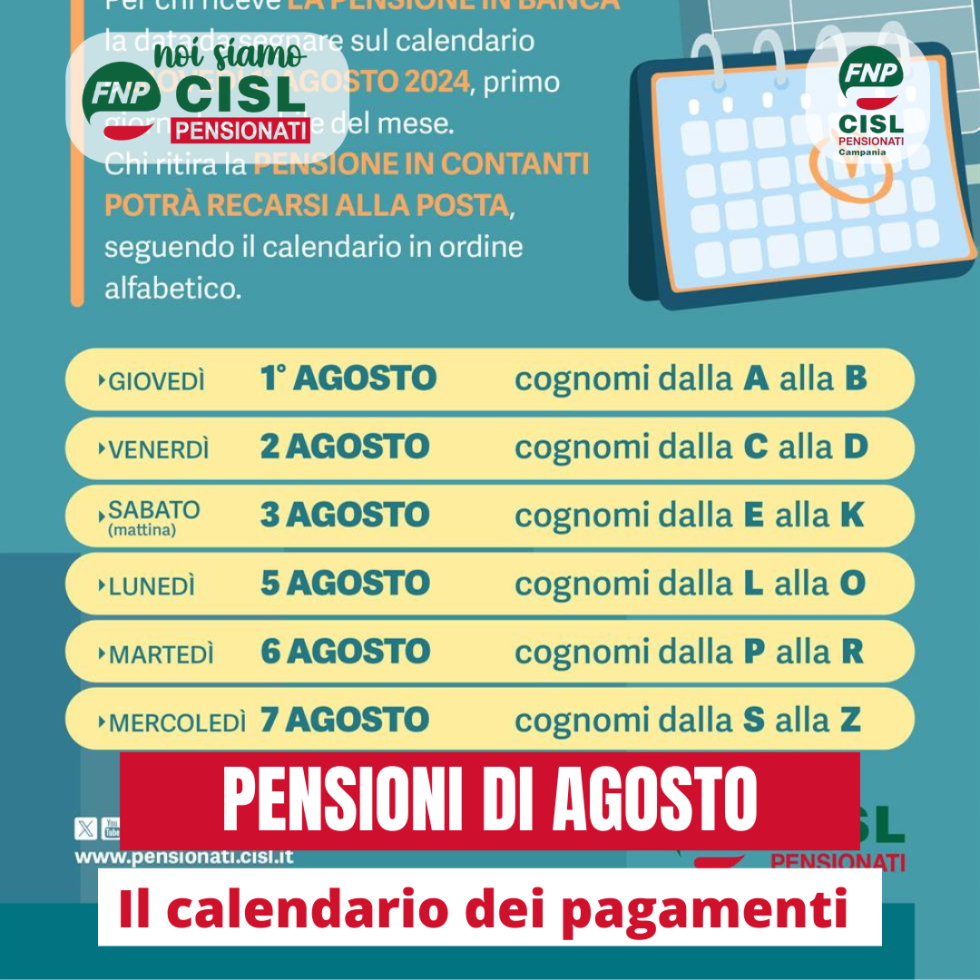 Pensioni agosto 2024, il calendario dei pagamenti
