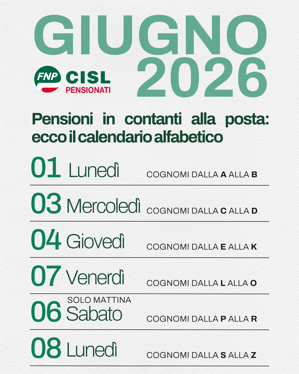 Pensione di giugno 2026, il calendario dei pagamenti